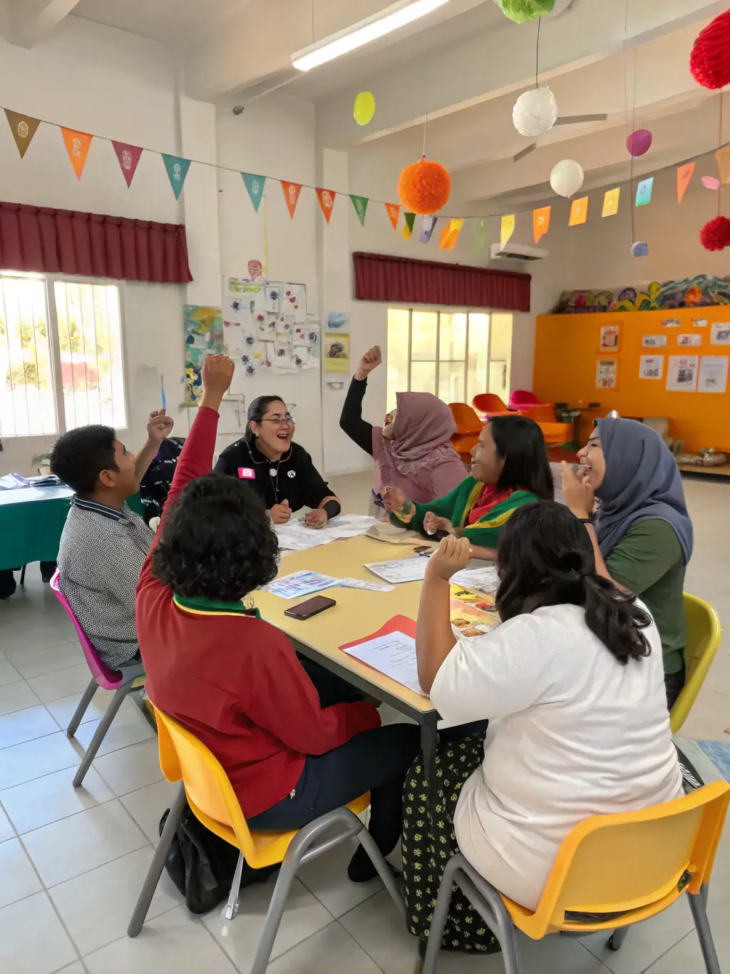A photo of a diverse team engaged in a dynamic workshop or brainstorming session, illustrating Harvesters' team performance enhancement service.