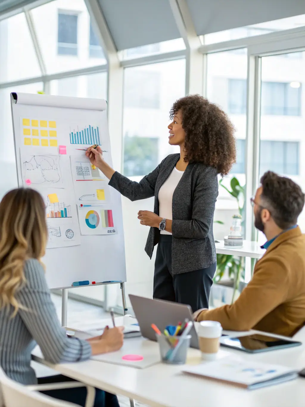 A consultant presenting data-driven insights to a group of executives in a boardroom setting, showcasing Harvesters' commitment to delivering measurable results.
