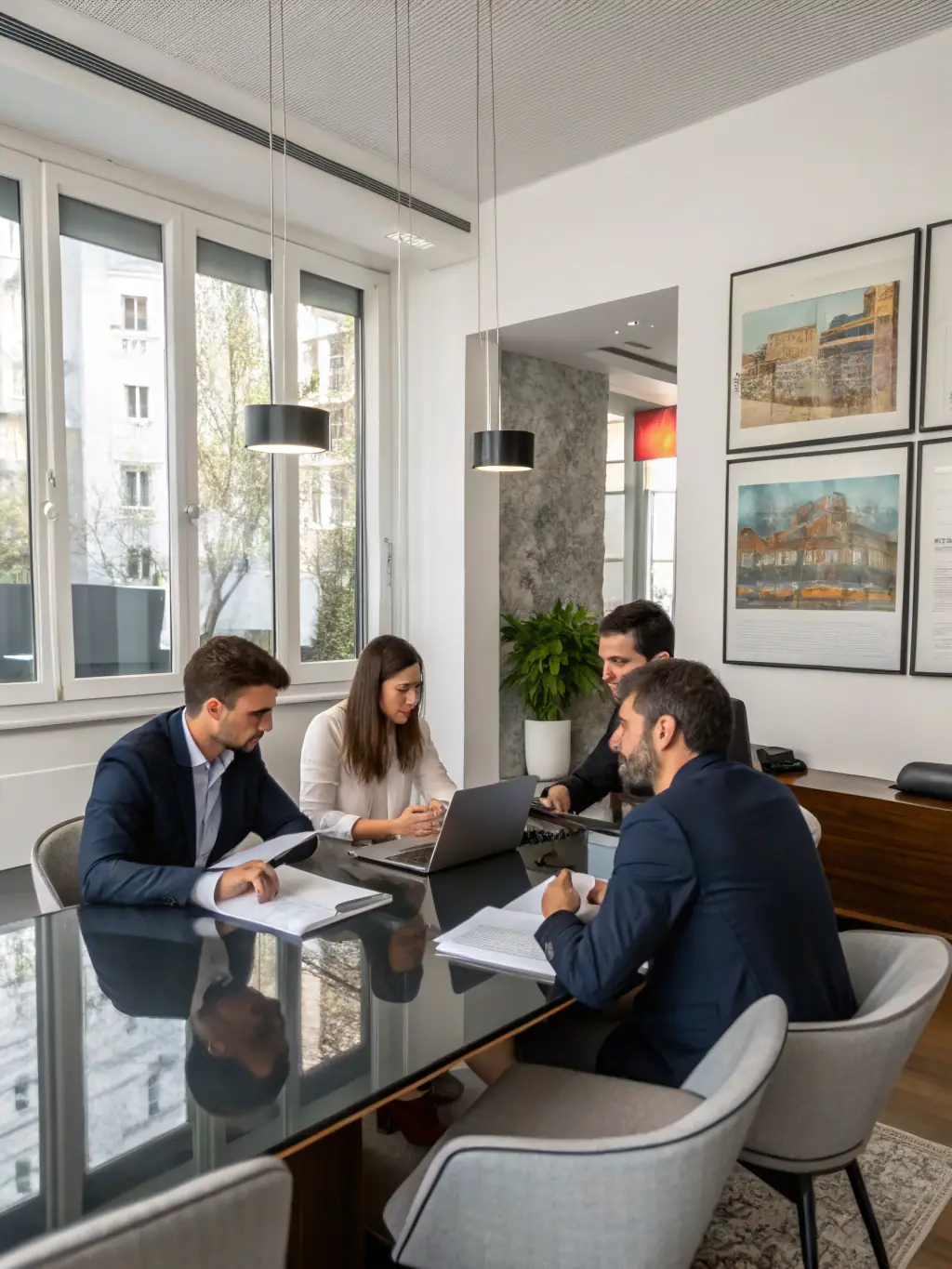 A professional photograph of consultants collaborating in a modern office setting, reviewing data on a large screen, symbolizing operational efficiency.
